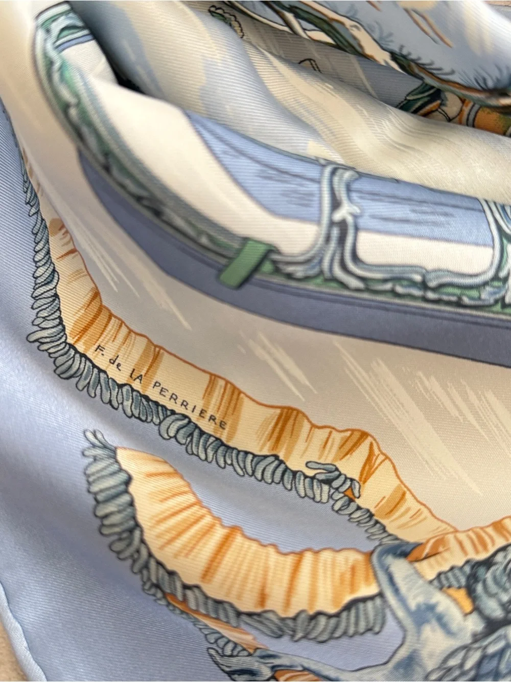 Hermes Blue, Cream and Orange Silk Scarf — Winter Sleigh Tableau
